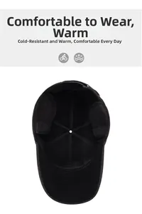 Detailed top view of black wool baseball cap with thermal lining and folding ear flaps