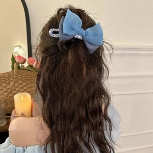 Eleganter großer blauer Haarclip mit Mesh-Schleife, getragen von einem Modell zu Hause