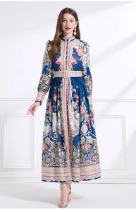 Detail of vintage floral print maxi dress with stand collar and matching waist belt
