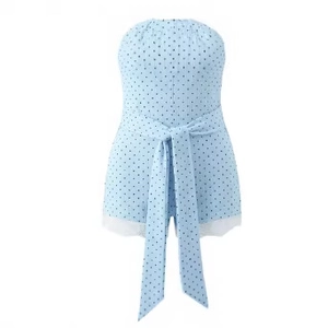 Light blue polka dot romper with sweetheart neckline, lace trim and bow waist tie