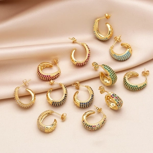 18k gold-plated C-shape hoop earrings with micro-pave multicolored cubic zirconia stones