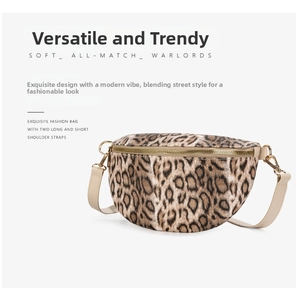 Detail view of leopard print crossbody bag with gold zipper and detachable strap
