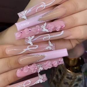Long Coffin Press On Nails Pink Gradient With 3D Silver Butterfly And Flower Rhinestone Glitter Design