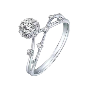 Elegant adjustable silver ring with sparkling round moissanite in a double-band design