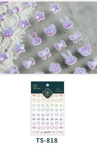 Detail of TS-818 3D nail art stickers featuring iridescent bears and bunny patterns