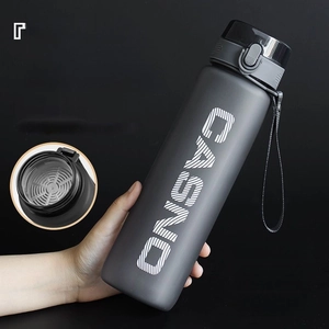 Detail of frosted sports bottle with tea filter, one-click lid, and portable carry strap