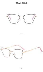 Detailed views of grey and gold cat-eye metal glasses frame with clear pink temple tips
