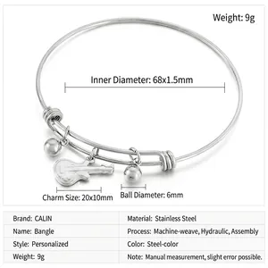 Detail specifications of stainless steel guitar charm bracelet showing dimensions and 9g weight