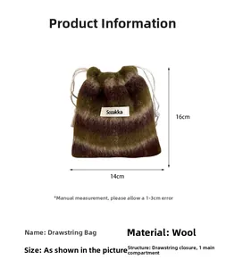 Detail view of wool drawstring makeup bag with striped pattern and Sozakka label