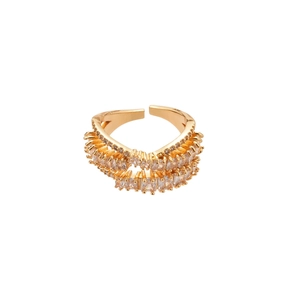 French luxury gold plated cubic zirconia crossover adjustable open ring with shiny square stones