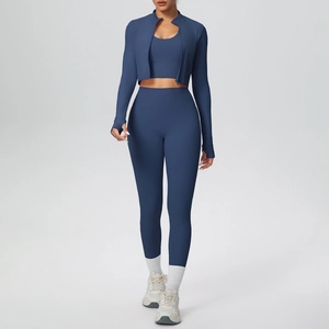 Completo yoga 3 pezzi con giacca zip, reggiseno sportivo e leggings a vita alta blu navy