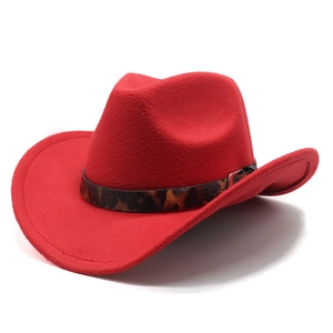 Detail of red wool felt cowboy hat featuring a leopard print band and metal buckle