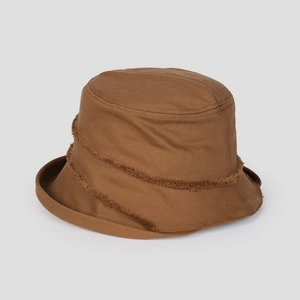 Detail view of brown cotton bucket hat featuring unique frayed seam stitching design