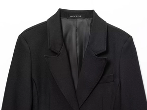Close-up of black blazer lapel and shoulder detail showing fine twill fabric texture