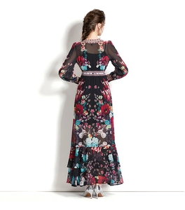 Detail of floral maxi dress showing vibrant multi-layer tiered hem and back silhouette