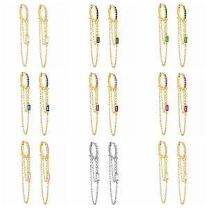 Colorful Zircon Tassel Chain Hoop Earrings With 925 Sterling Silver Earring Post Copper Dainty Jewelry For Women