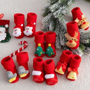 Baby Christmas Socks Thick Terry Cotton Non-Slip Floor Grips Red 3D Cartoon Reindeer Santa Winter Warm Newborn Toddlers