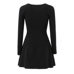 Elegant black long-sleeve knit dress with ribbed bodice and flared skirt on white background