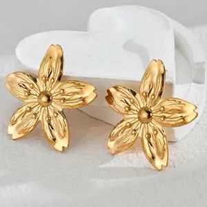 Vintage 18K gold plated titanium steel flower stud earrings for women with floral texture