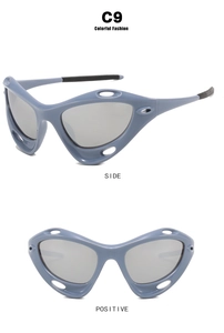 Detailed side and front views of grey-blue Y2K sporty windproof sunglasses with hollow frame