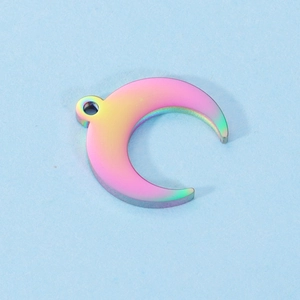 Polished stainless steel crescent moon pendant with rainbow gradient finish and metallic luster