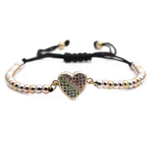 Bracciale cuore in zircone colorato con perle oro argento e cordino nero regolabile