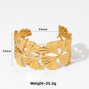 Detail showing 34mm wide hollow ginkgo leaf cuff bracelet with 64mm inner diameter