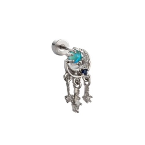 Silver celestial earrings with blue zircon stars, moon, dreamcatcher and tassels