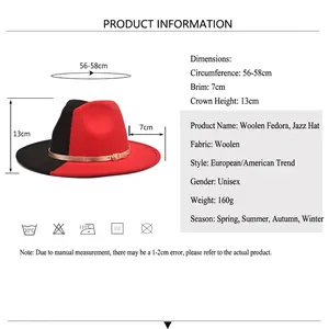 Two-tone wool fedora hat in black and red with gold buckle, 56-58cm circumference