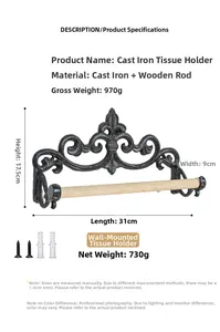 Detailed size specifications for vintage cast iron and wood wall mounted tissue holder