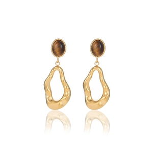 French vintage stainless steel drop earrings with tiger eye stone in geometric gold design