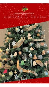 Close-up of diverse wooden Christmas ornaments and festive baubles on a decorated tree