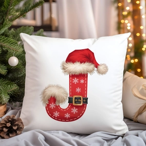 Christmas pillowcase with red letter J design on white fabric for holiday sofa decor