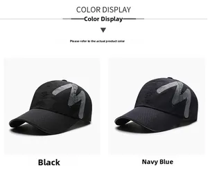 Detail view of breathable mesh baseball caps in black and navy blue with reflective prints
