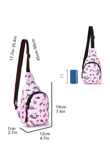 Pink unicorn kids chest bag with adjustable strap and size comparison chart