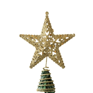Golden hollow Christmas tree topper star with glitter wire and spring base stand