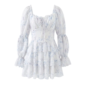Mini Robe Mousseline Romantique Française Imprimé Floral Manches Bouffantes Longues À Lacets Col V Taille Haute À Volants