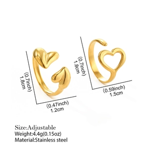 Adjustable golden stainless steel heart rings with solid and hollow heart designs