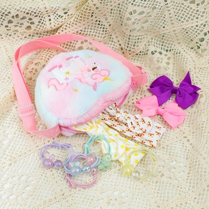 Plush unicorn crossbody bag set with colorful hair bows and headbands for girls