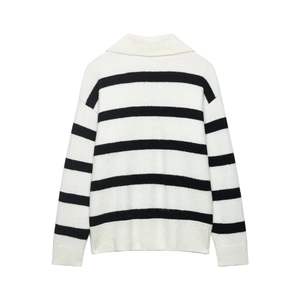 Classic black and white horizontal striped knit sweater with long sleeves on white background