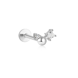 Macro shot of silver S925 geometric star ear stud with square and round crystals
