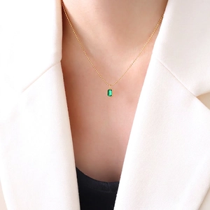 Minimalist 18k gold plated stainless steel necklace with emerald green zircon pendant