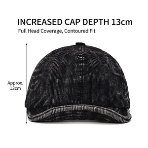 Retro corduroy baseball cap with 13cm deep fit design for a full head wrap in dark grey
