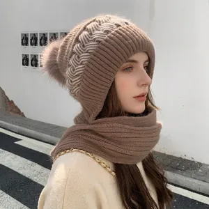 Berretto In Maglia Integrato Con Sciarpa Inverno Caldo Protezione Per Le Orecchie Poliestere Spesso Per Donna E Ragazza Tinta Unita