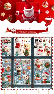 Detail of Christmas window clings featuring cute cats, snowflakes and festive trees