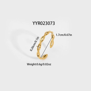Detailed view of golden woven twisted ring dimensions including inner diameter and width