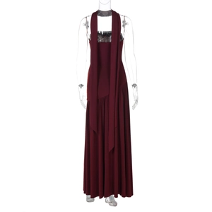 Detailed view of dark red evening dress featuring elegant neck tie and draped fabric