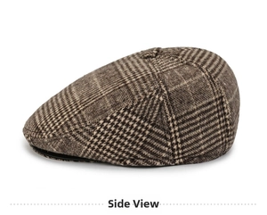 Side view of a vintage brown plaid ivy cap featuring wool tweed texture and retro style