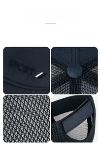 Detail of navy blue mesh sports cap showing SPORT embroidery and adjustable strap closure