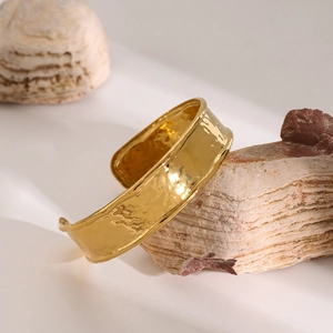 French vintage 18k gold stainless steel wide cuff bracelet with hammered texture design